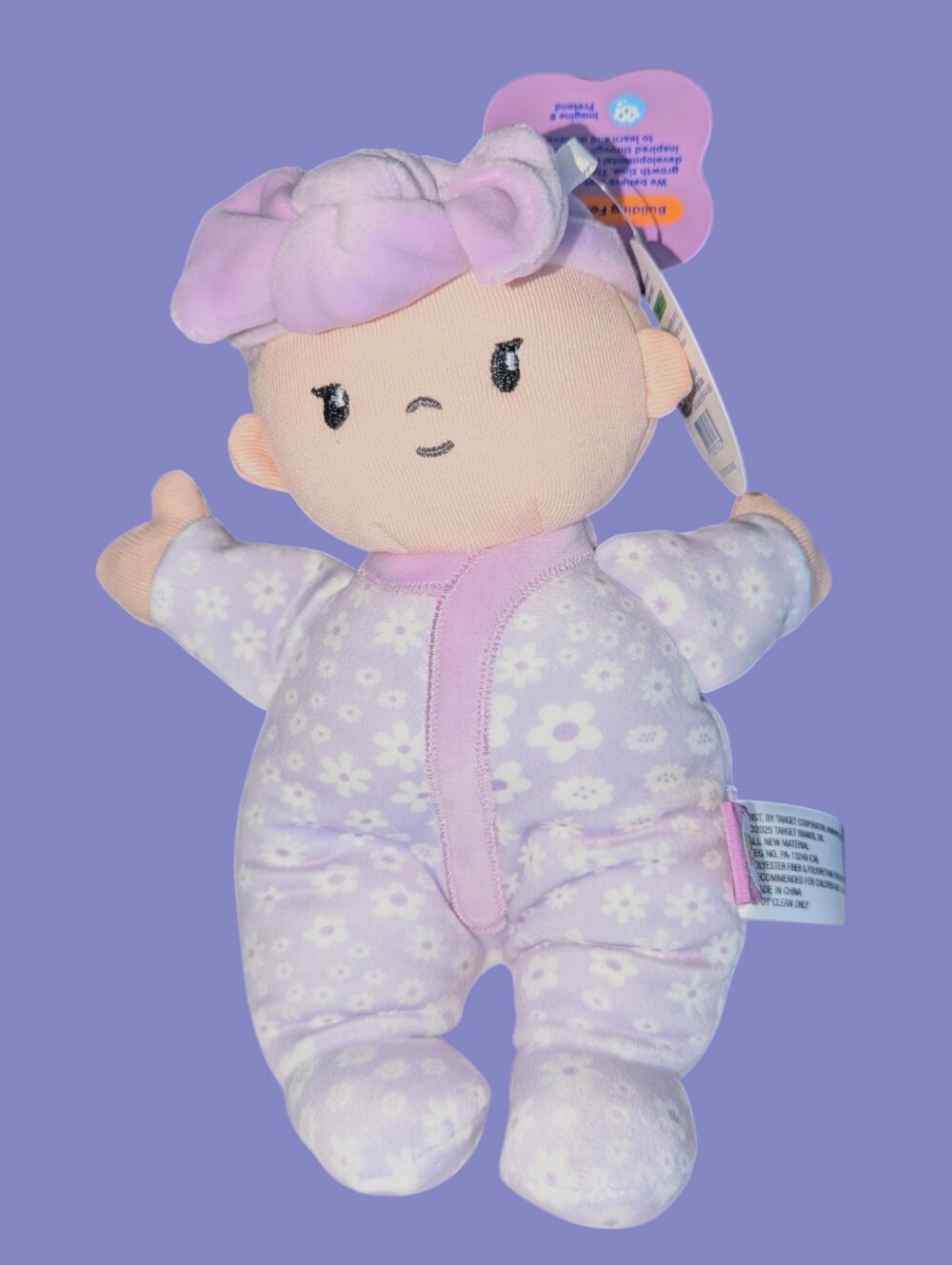 Gigglescape Plush Baby Girl Toy Bow Doll Soft Lovey Purple Flowers Bodysuit
